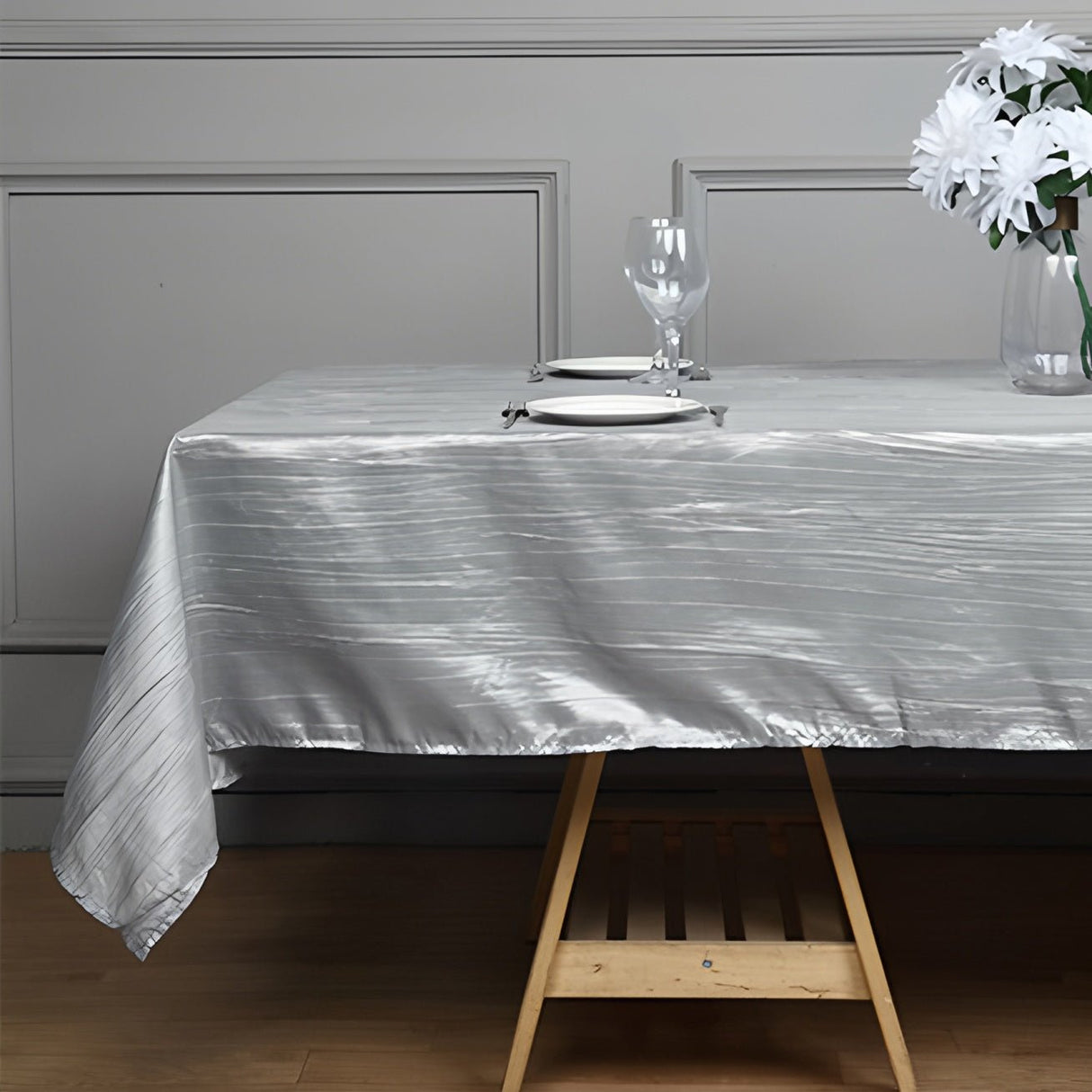 Polyester Accordion Crinkle Design Tablecloth Rectangle Silver - YauSpark