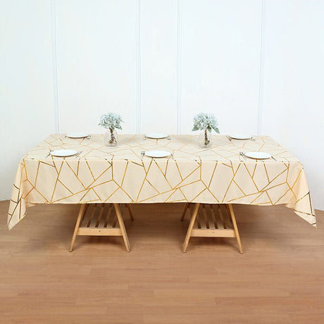 Polyester Rectangle Tablecloth With Gold Foil Geometric Pattern 90"x156" Champagne - YauSpark