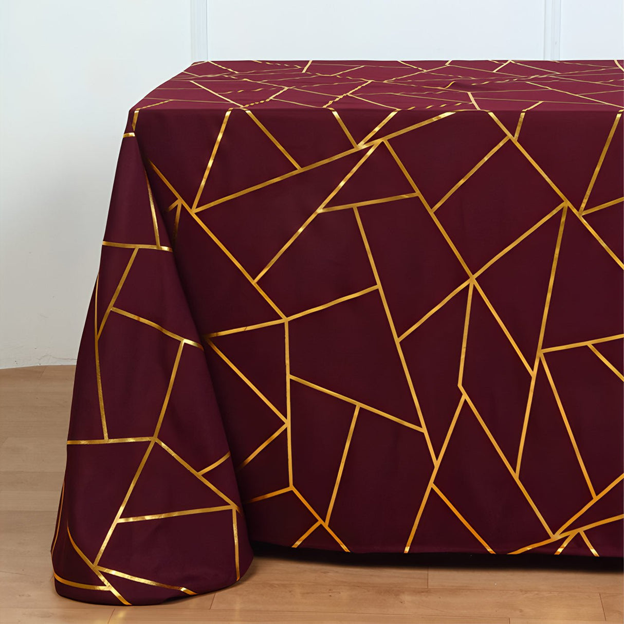 Polyester Rectangle Tablecloth With Gold Foil Geometric Pattern 90"x156" Champagne - YauSpark