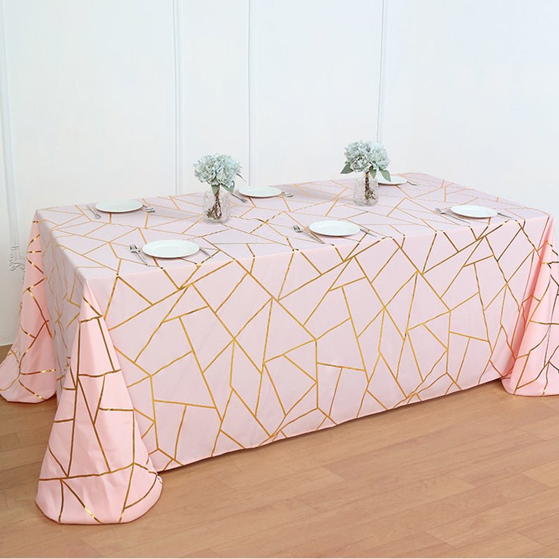 Polyester Rectangle Tablecloth With Gold Foil Geometric Pattern 90"x156" Champagne - YauSpark