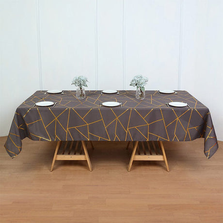Polyester Rectangle Tablecloth With Gold Foil Geometric Pattern 90"x156" Dark Gray - YauSpark