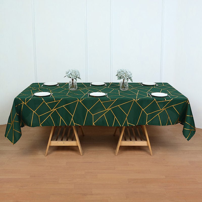 Polyester Rectangle Tablecloth With Gold Foil Geometric Pattern 90"x156" Dark Green - YauSpark