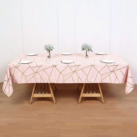 Polyester Rectangle Tablecloth With Gold Foil Geometric Pattern 90"x156" Light Pink - YauSpark