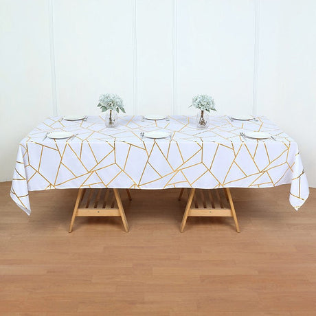 Polyester Rectangle Tablecloth With Gold Foil Geometric Pattern 90"x156" White - YauSpark