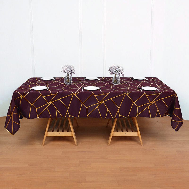 Polyester Rectangle Tablecloth With Gold Foil Geometric Pattern 90"x156" Wine Red - YauSpark