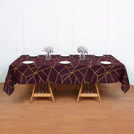 Polyester Rectangle Tablecloth With Gold Foil Geometric Pattern 90"x156" Wine Red - YauSpark