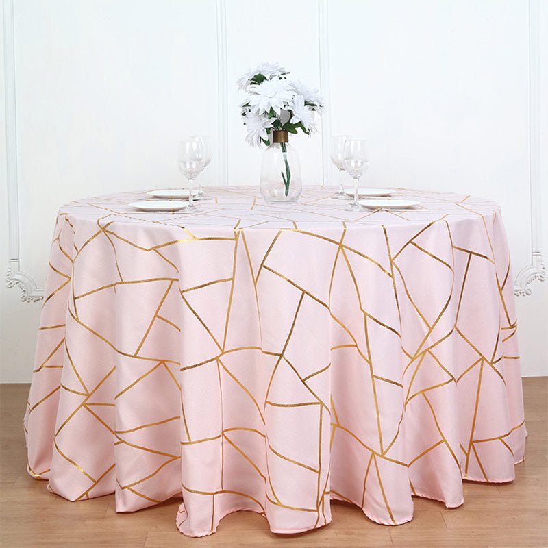 Polyester Round Tablecloth With Gold Foil Geometric Pattern 120" Champagne - YauSpark