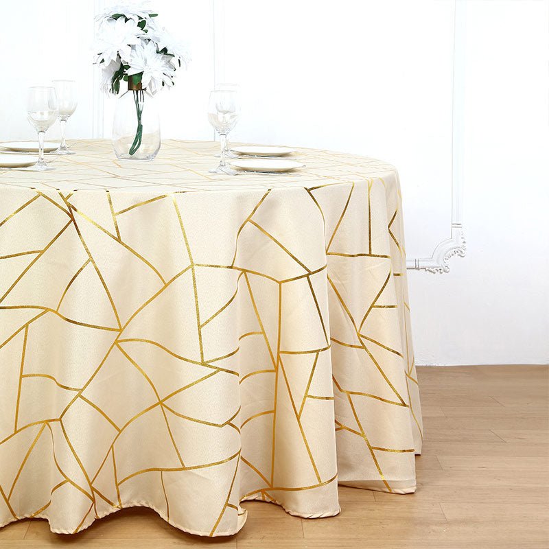 Polyester Round Tablecloth With Gold Foil Geometric Pattern 120" Champagne - YauSpark