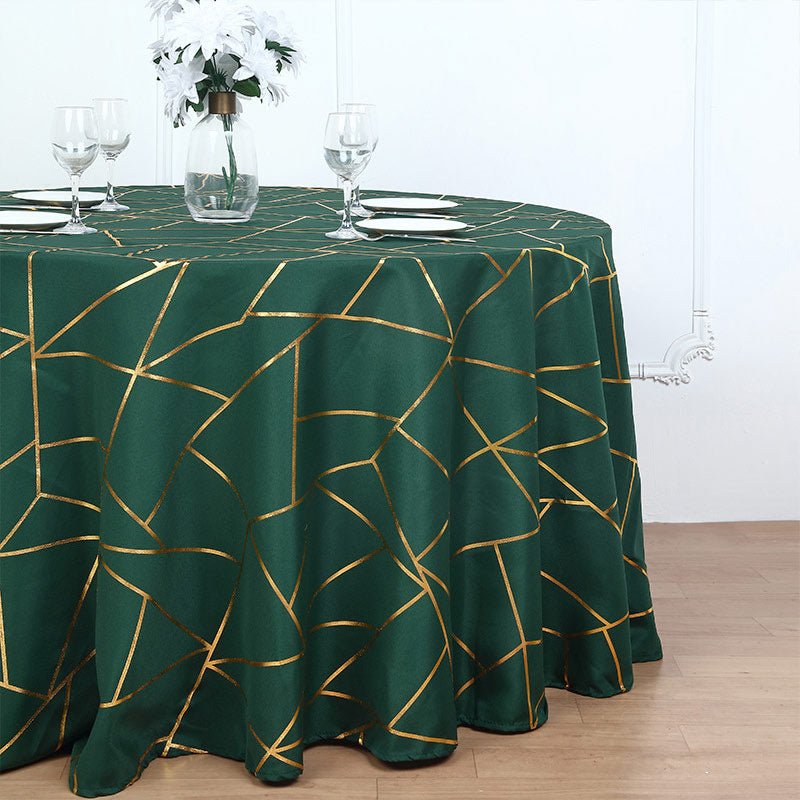 Polyester Round Tablecloth With Gold Foil Geometric Pattern 120" Dark Green - YauSpark