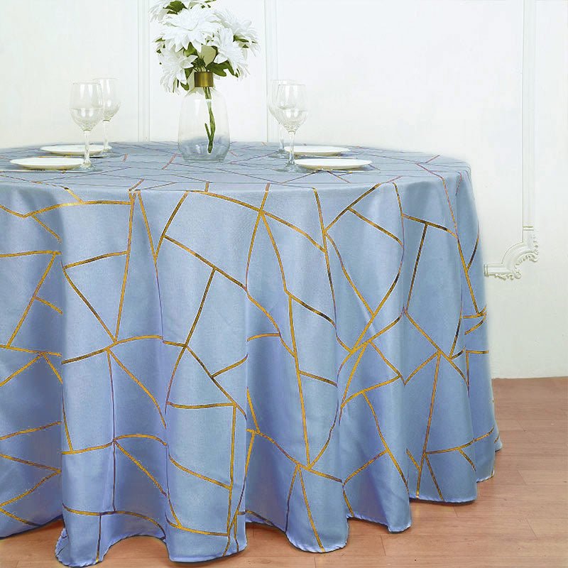 Polyester Round Tablecloth With Gold Foil Geometric Pattern 120" Gray Blue - YauSpark