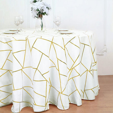 Polyester Round Tablecloth With Gold Foil Geometric Pattern 120" White - YauSpark