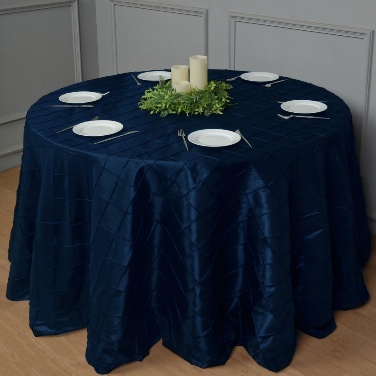 Polyester Solid Color Checkered Tablecloth Round 132" Navy Blue - YauSpark