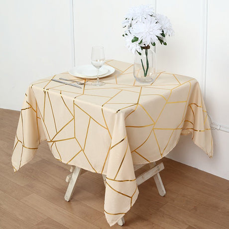 Polyester Square Tablecloth With Gold Foil Geometric Pattern 54"x54" Champagne - YauSpark