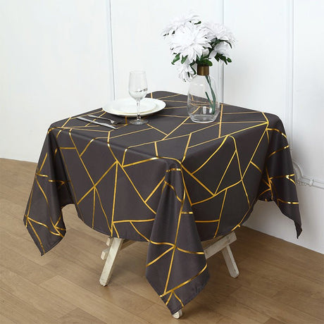 Polyester Square Tablecloth With Gold Foil Geometric Pattern 54"x54" Dark Gray - YauSpark