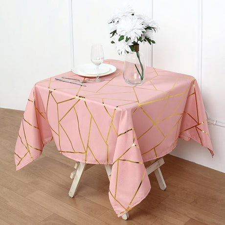 Polyester Square Tablecloth With Gold Foil Geometric Pattern 54"x54" Gray Pink - YauSpark