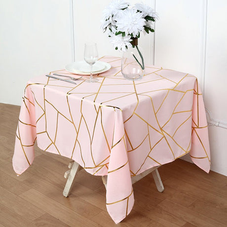 Polyester Square Tablecloth With Gold Foil Geometric Pattern 54"x54" Light Pink - YauSpark
