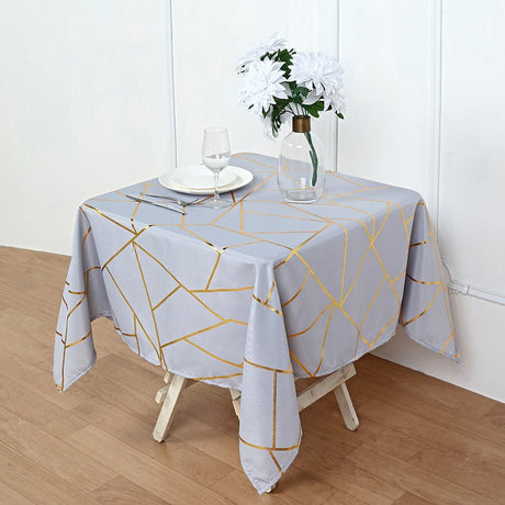 Polyester Square Tablecloth With Gold Foil Geometric Pattern 54"x54" Light Purple - YauSpark