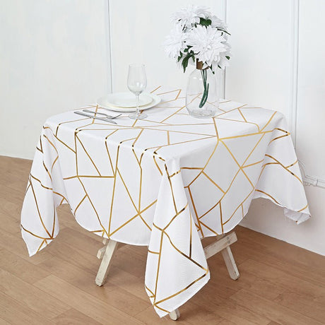 Polyester Square Tablecloth With Gold Foil Geometric Pattern 54"x54" White - YauSpark