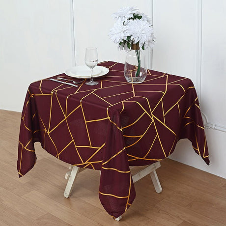 Polyester Square Tablecloth With Gold Foil Geometric Pattern 54"x54" Wine Red - YauSpark