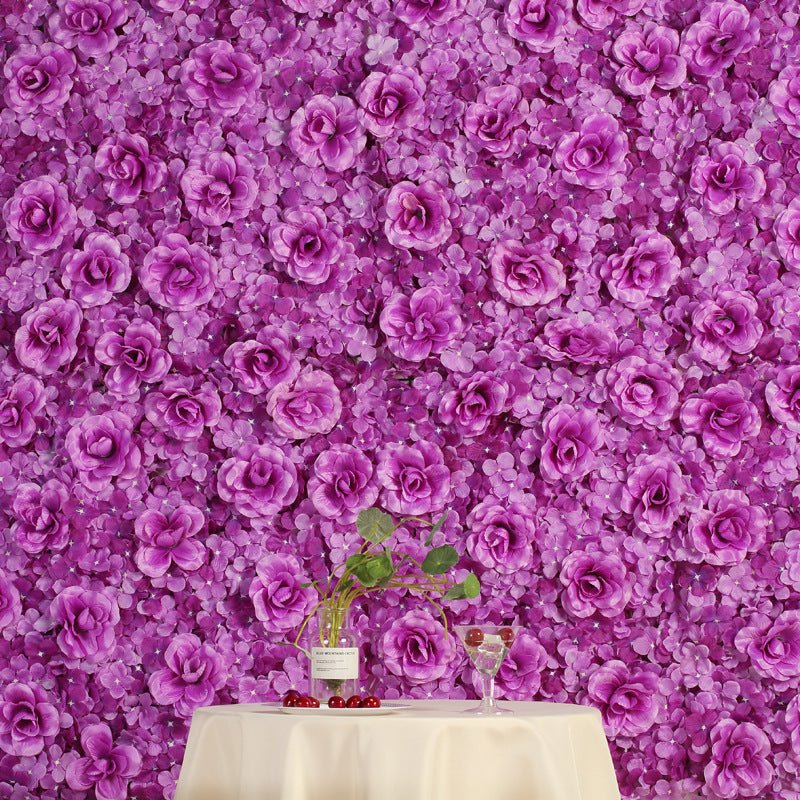 Purple 3D Silk Rose and Hydrangea Flower Wall Mat Backdrop - 4 Artificial Panels - YauSpark