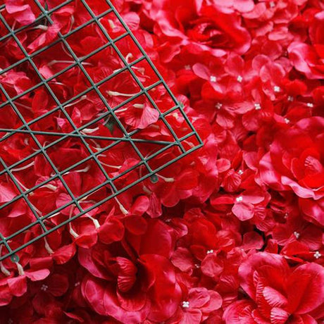 Red 3D Silk Rose and Hydrangea Flower Wall Mat Backdrop - 4 Artificial Panels - YauSpark