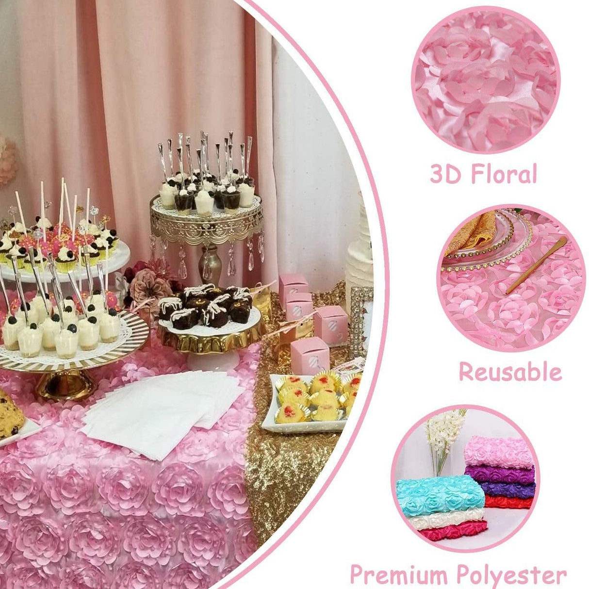 Satin Rectangle Tablecloth Grandiose 3D Rosette Table Cover 156"x90" - YauSpark