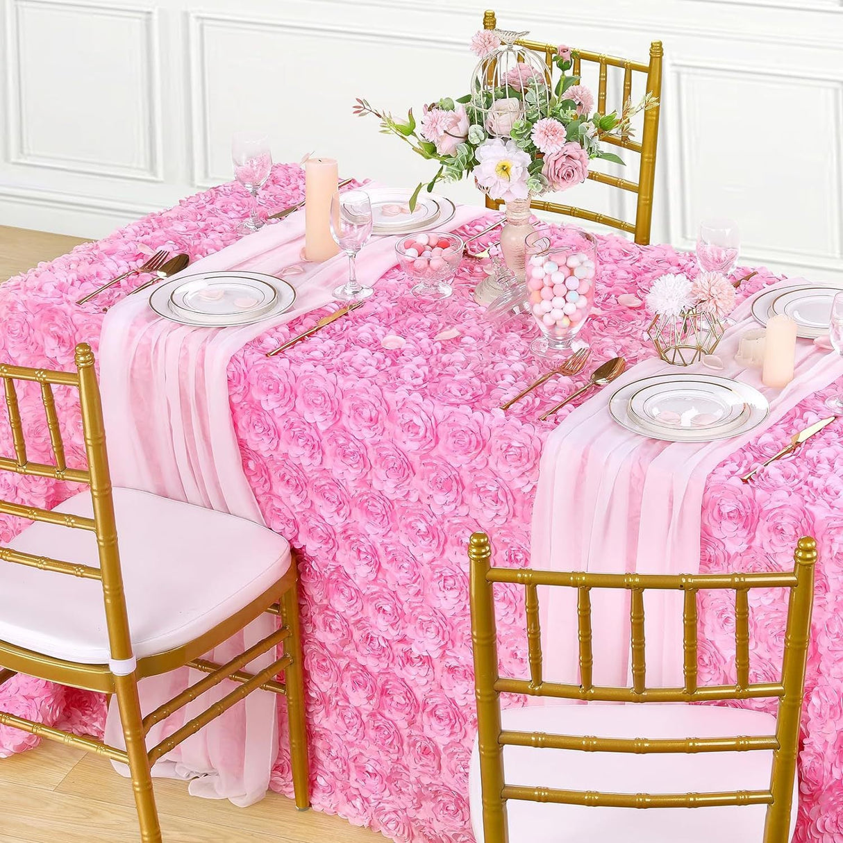 Satin Rectangle Tablecloth Grandiose 3D Rosette Table Cover 156"x90" - YauSpark