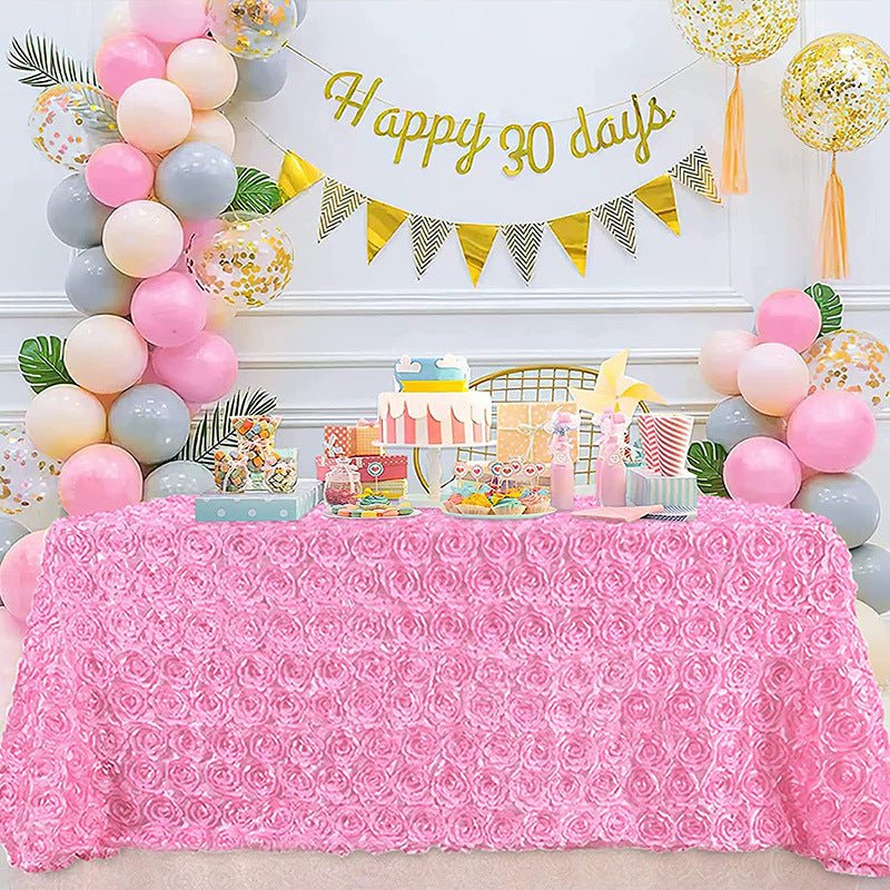 Satin Rectangle Tablecloth Grandiose 3D Rosette Table Cover 156"x90" - YauSpark