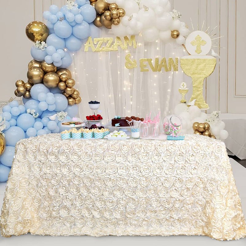 Satin Rectangle Tablecloth Grandiose 3D Rosette Table Cover 156"x90" - YauSpark