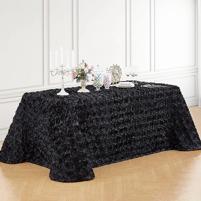 Satin Rectangle Tablecloth Grandiose 3D Rosette Table Cover 156"x90" - YauSpark