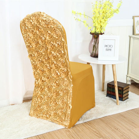 Satin Rosette Spandex Stretch Banquet Chair Cover Gold - YauSpark