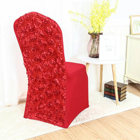 Satin Rosette Spandex Stretch Banquet Chair Cover Red - YauSpark