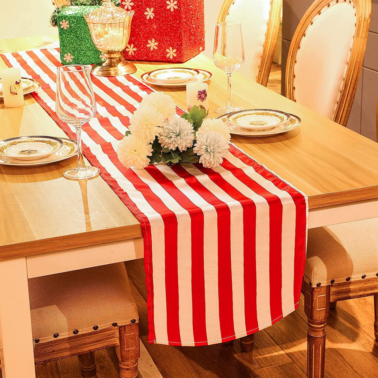Satin Stripe Classic Table Runner 12"x108" Red White - YauSpark