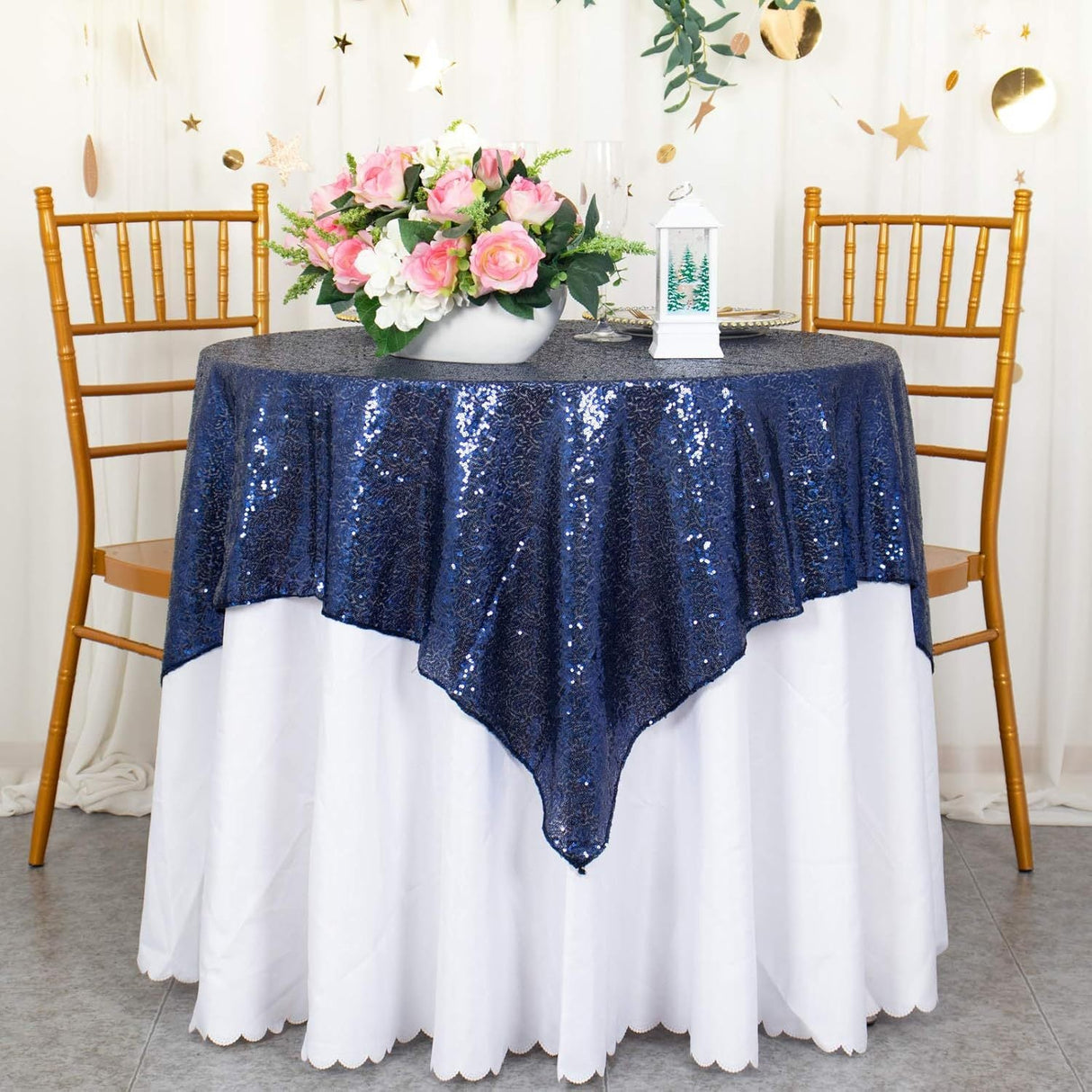 Sequin Square Table Overlay 90"x90" Navy Blue - YauSpark