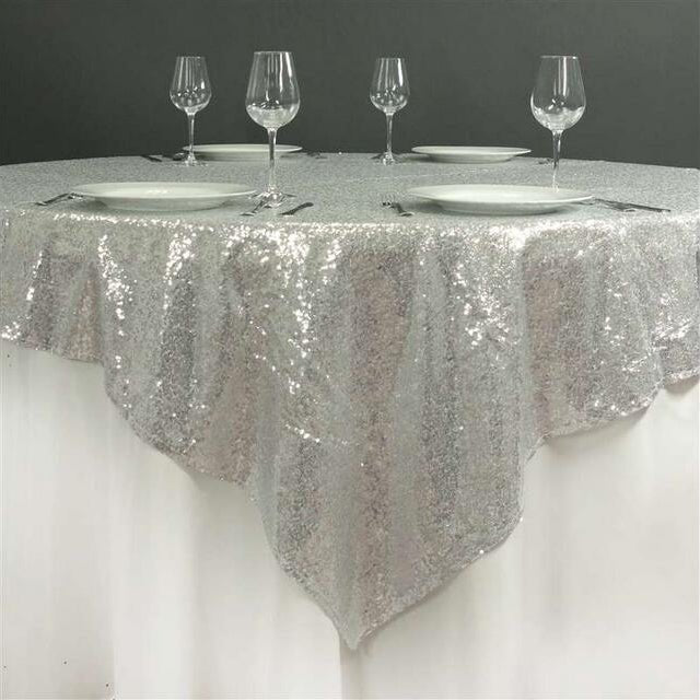 Sequin Square Table Overlay 90"x90" Silver - YauSpark