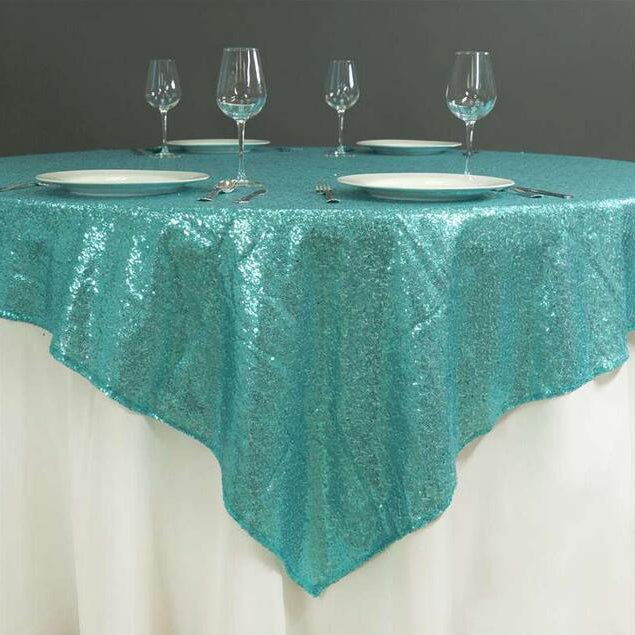 Sequin Square Table Overlay 90"x90" Turquoise - YauSpark