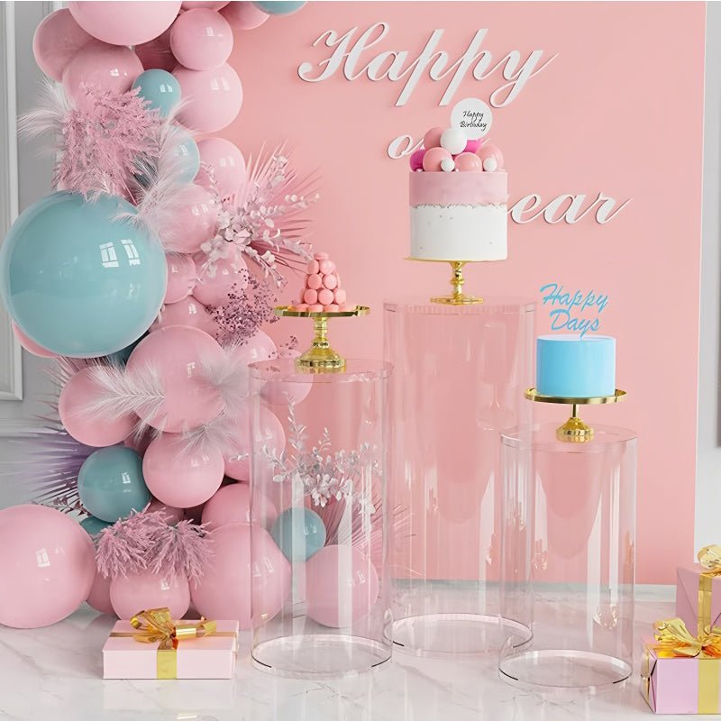 Set of 3 Clear Acrylic Cylinder Pedestal Stands Cake Dessert Table Display - YauSpark