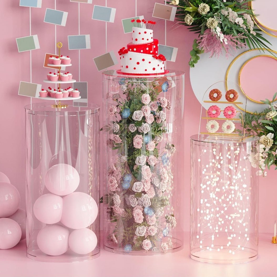 Set of 3 Clear Acrylic Cylinder Pedestal Stands Cake Dessert Table Display - YauSpark