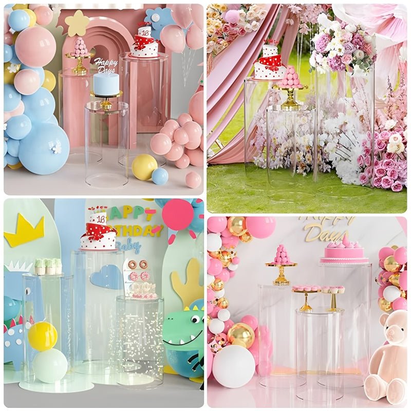 Set of 3 Clear Acrylic Cylinder Pedestal Stands Cake Dessert Table Display - YauSpark