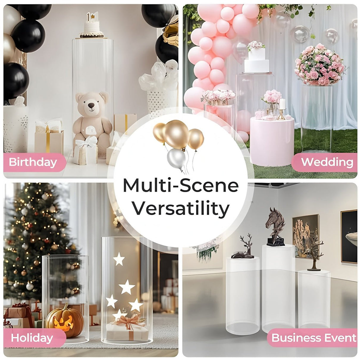 Set of 5 Clear Acrylic Cylinder Pedestal Stands Cake Dessert Table Display - YauSpark