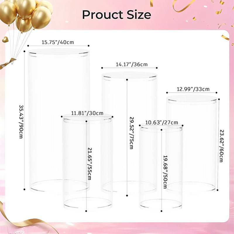 Set of 5 Clear Acrylic Cylinder Pedestal Stands Cake Dessert Table Display - YauSpark