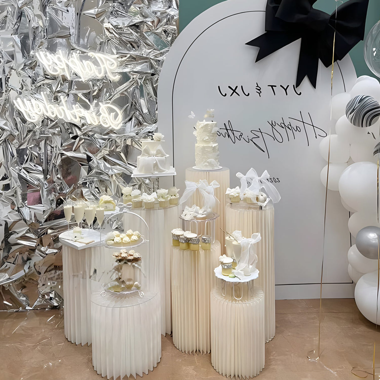 Set of 5 White Foldable Roman Paper Pillars for Parties 8” 16“ 24“ 32” 40” - YauSpark