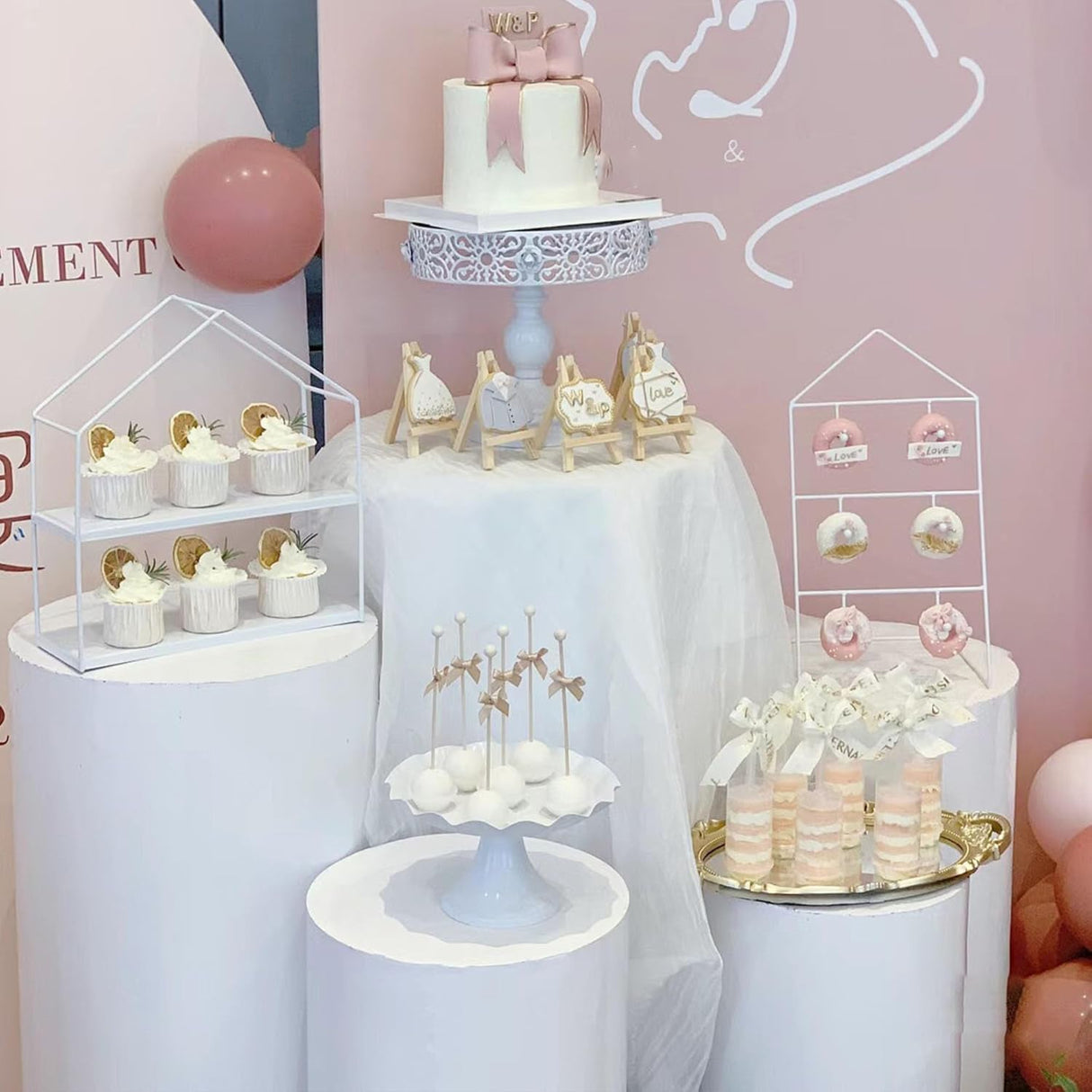 Set of 5 White Metal Cylinder Pillar Prop Stands - 20",22",24",30",35" - YauSpark