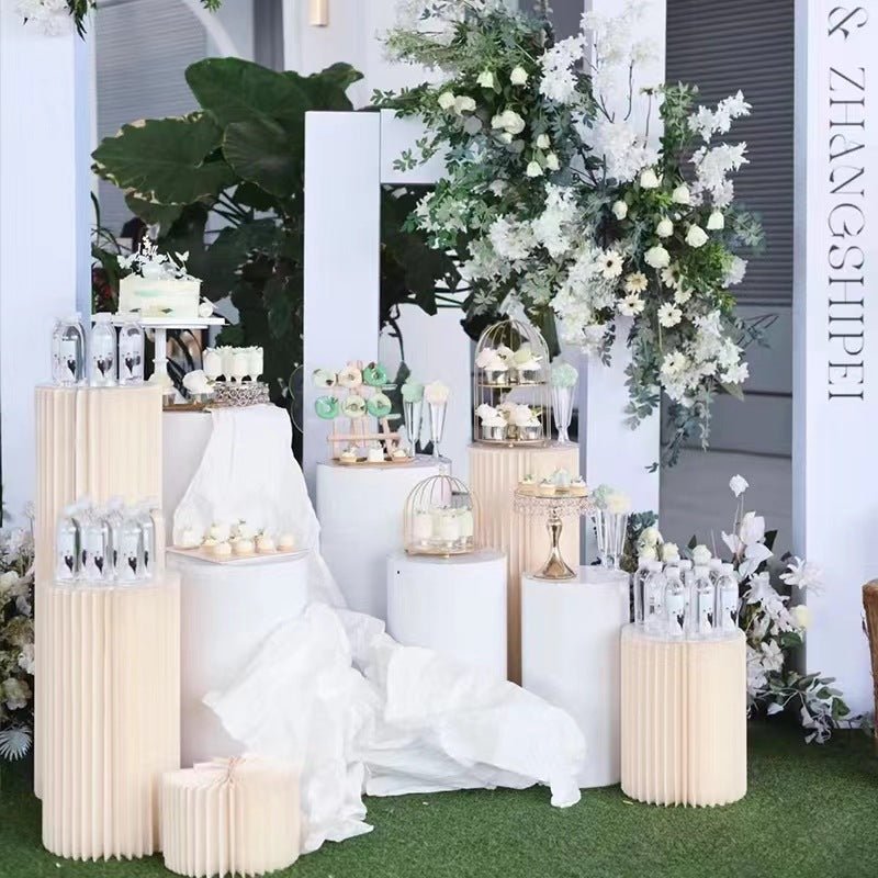 Set of 5 White Metal Cylinder Pillar Prop Stands - 20",22",24",30",35" - YauSpark