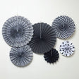 Set of 6 Black Hanging Paper Fan Decorations 8", 12", 16" - YauSpark