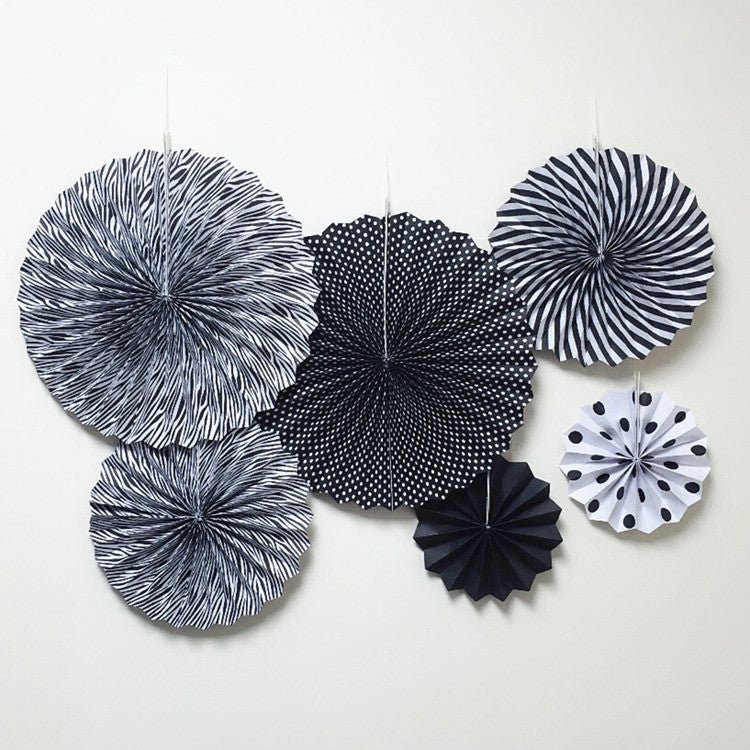 Set of 6 Black Hanging Paper Fan Decorations 8", 12", 16" - YauSpark