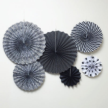 Set of 6 Black Hanging Paper Fan Decorations 8", 12", 16" - YauSpark