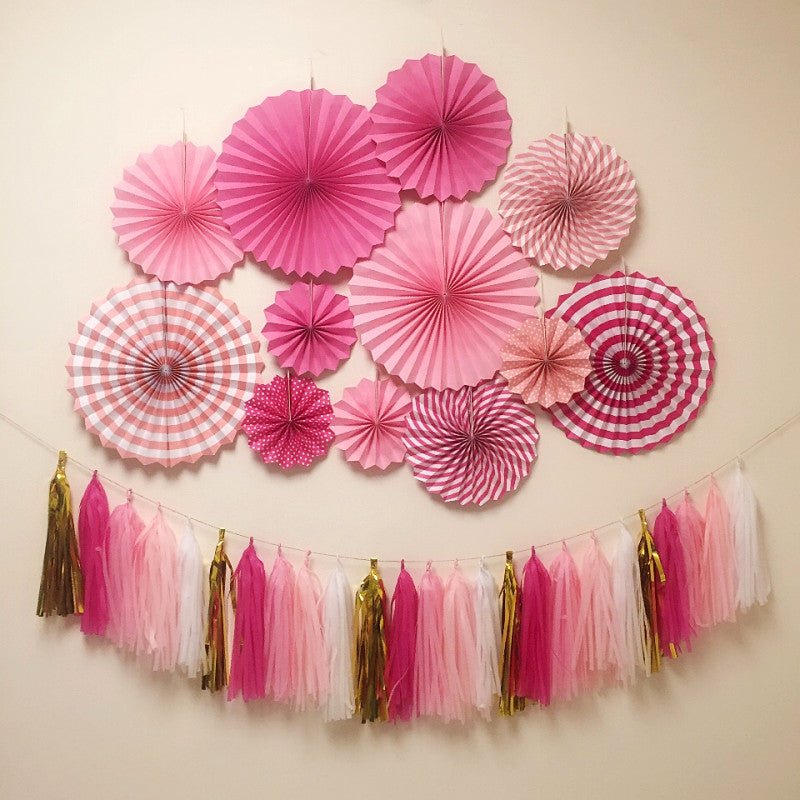 Set of 6 Black Hanging Paper Fan Decorations 8", 12", 16" - YauSpark