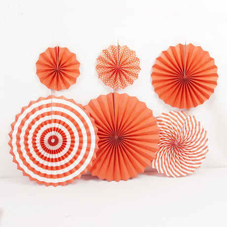 Set of 6 Orange Hanging Paper Fan Decorations 8", 12", 16" - YauSpark