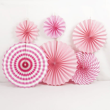 Set of 6 Pink Hanging Paper Fan Decorations 8", 12", 16" - YauSpark